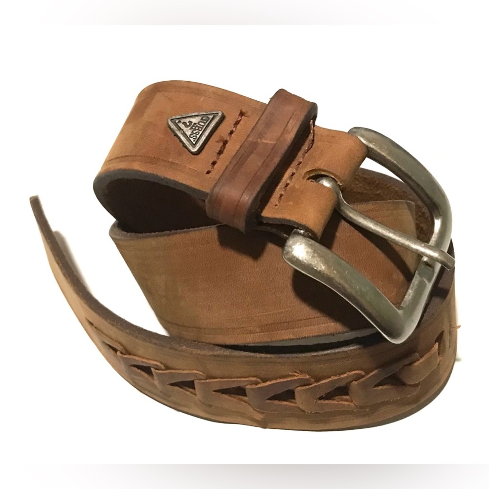 GUESS Natural Brown Leather Braid Accent Belt “WS” USA Silver Buckle VTG Size-M